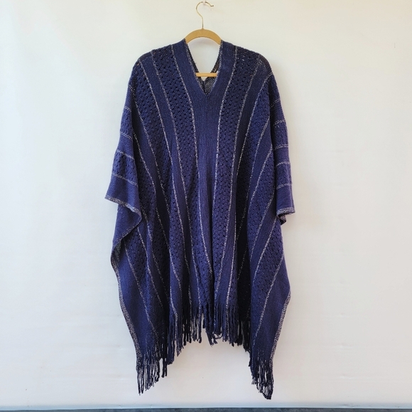 BCBGMaxAzria Navy Blue Silver Metallic New One Size Boho Longline Fringe Poncho - Picture 2 of 11